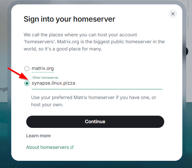 Image showing the login-process to the Linux.Pizza Matrix-server