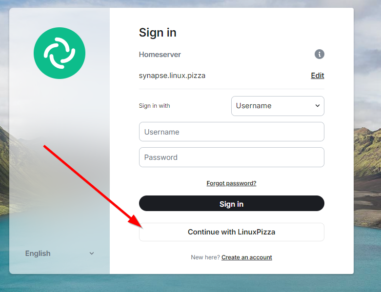 Image showing the login-process to the Linux.Pizza Matrix-server