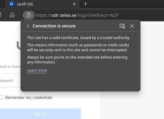 A screenshot, showing a valid certificate on udr.selea.se, located on a Unifi Dream Router